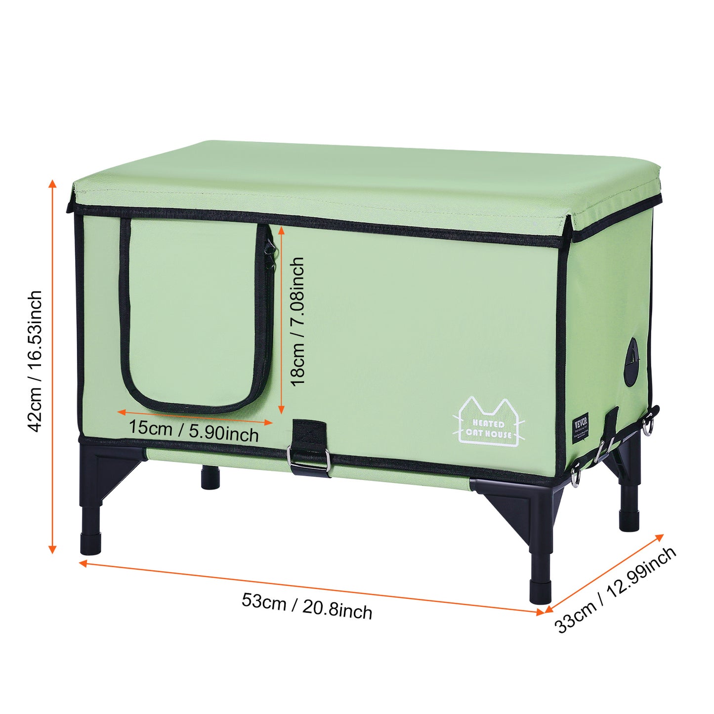 Elevated Heated Cat House in green, designed for comfort and warmth, perfect for your feline friend.