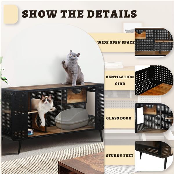 55" Spacious Cat House With Tempered Glass