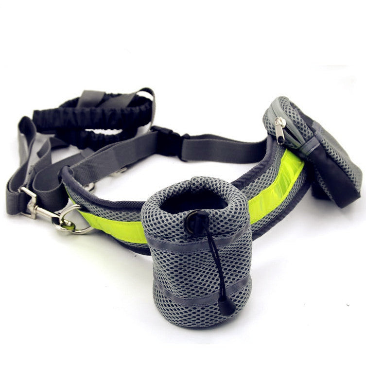 Adjustable Hands-Free Dog Leash in gray, perfect for running with your dog. Durable nylon, stretches up to 144cm.