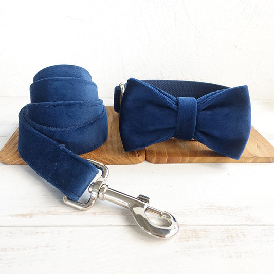 Stylish dark blue Bow pet collar large and small pet traction collar dog chain with soft velvet for comfort.