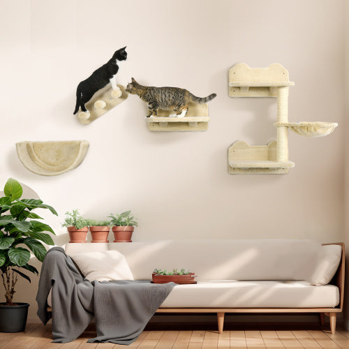 Stylish 4 Pcs Cat Wall Furniture from PawHut, perfect for climbing and playing, featuring shelves and a hammock.