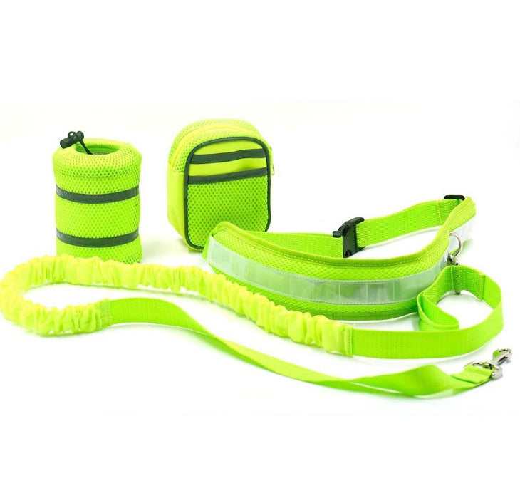 Bright green Adjustable Hands-Free Dog Leash set, perfect for active dog owners. Durable nylon, 144cm length, waist 78-110cm.