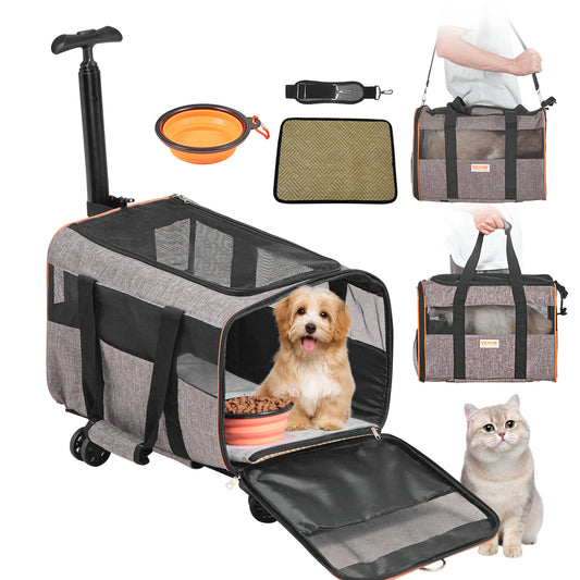 Versatile Pet Carrier With Wheels features a cozy interior, ideal for traveling with your furry friends comfortably.