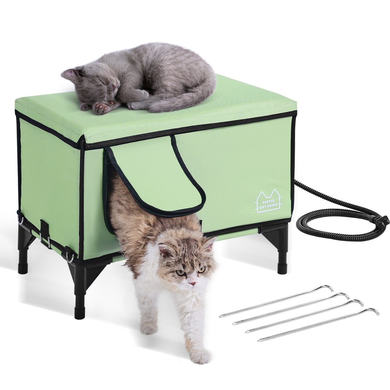 Cozy Elevated Heated Cat House with two cats enjoying warmth and comfort, perfect for your furry friends' relaxation.