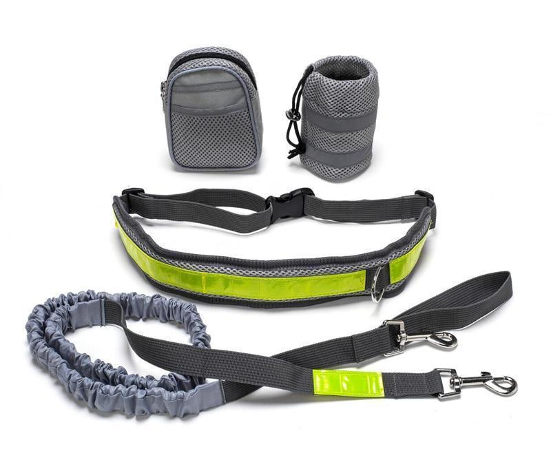 Adjustable Hands-Free Dog Leash in gray, featuring a four-piece traction set for ultimate comfort and convenience.