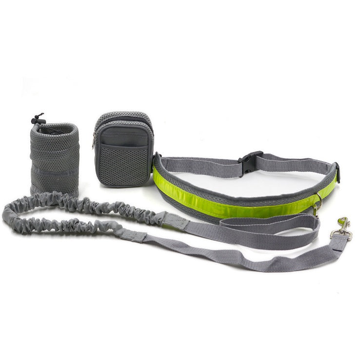 Adjustable Hands-Free Dog Leash in gray and green, perfect for active dog owners. Ideal for running and outdoor adventures.