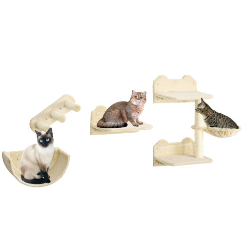 Stylish 4 Pcs Cat Wall Furniture by PawHut, featuring shelves, hammock, and scratching post for playful cats.