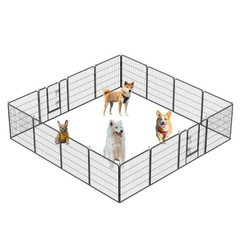 Four dogs play inside a Dog Pen Outdoor 32" Height Foldable Metal Dog Playpen, perfect for safe outdoor fun.