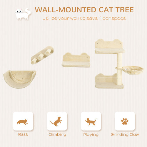 Stylish 4 Pcs Cat Wall Furniture by PawHut, featuring shelves, hammock, and scratching post for playful cats.