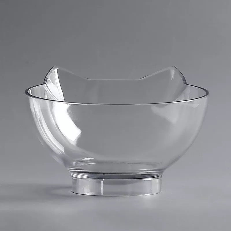 Transparent cat food bowl with cat head design, perfect for dogs and cats, easy to clean and eco-friendly.