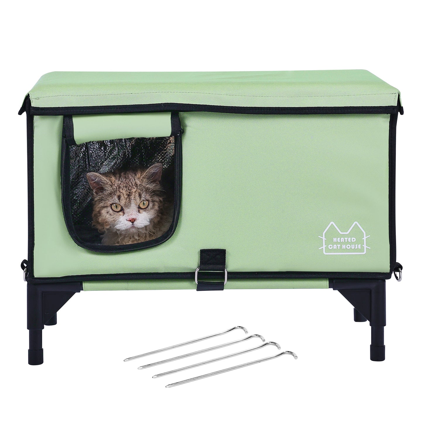 Cozy Elevated Heated Cat House with a window, perfect for keeping your feline friend warm and comfortable.