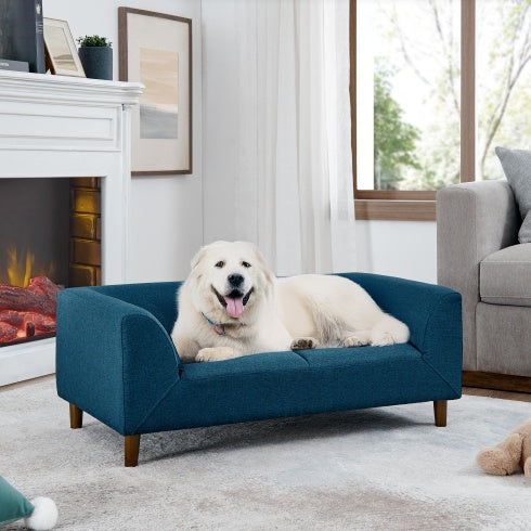 Cozy dog lounging on a blue Modern Rectangular Pet Sofa with backrest and armrests, perfect for medium to large dogs.