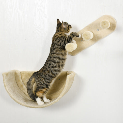 Stylish 4 Pcs Cat Wall Furniture by PawHut offers climbing shelves, hammock, and scratching post for playful cats.