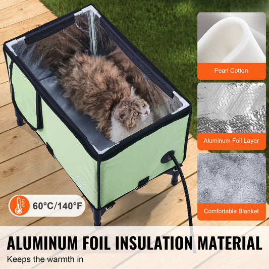 Cozy cat lounging in the Elevated Heated Cat House, featuring aluminum foil insulation for warmth and comfort.